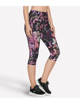 Womens Goflex Ultraviolet Floral Capri Leggings In Black/purple - Size 8 Uk - Skechers - FashionsVida