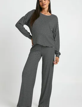 Womens Maternity Loungewear Stripe Long Sleeve Top & Trousers Pyjama Set - Black - Size 16 Uk - Boohoo - FashionsVida
