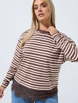 Women's Stripe Lace Trim Top in Brown Size: 12 - Brown - Size: 12 - Yours - FashionsVida