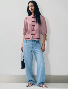 Blusa a cuadros con cierres estilo mandarín y mangas abullonadas, top de oficina para mujer, atuendo para brunch, estilo otoñal estético y elegante - Shein - FashionsVida