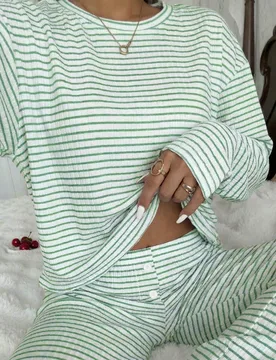 Conjunto de pijama casual para mujer con estampado a rayas, cuello redondo, manga larga y pantalones largos holgados M - Shein - FashionsVida