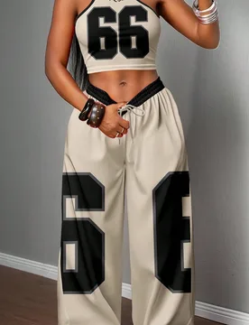 Set de 2 piezas de mujer con camiseta ajustada casual con estampado del número 66 y la letra King, y pantalones sueltos, adecuado para la calle, hip- - Shein - FashionsVida
