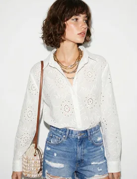 Womens Embroidered Relaxed Fit Shirt - White - Size Small - Bianco Lucci - FashionsVida