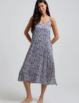 Rosie V-Neck Aster Print Nightie In Blue - XS - Lily and Lionel London Limited - FashionsVida