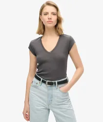 Superdry Damen Athletic Essentials Oberteil mit Spitzenbesatz und V-ausschnitt Dunkelgrau - Größe: 38-40