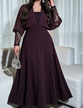 Vestido midi de gasa con cuello en V para mujer de talla grande, vestido formal de línea A con manga larga, cintura alta y patchwork de encaje, elega - Shein - FashionsVida