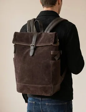 Suede and Leather Foldover Top Backpack Chocolate male - Jones Bootmaker - FashionsVida