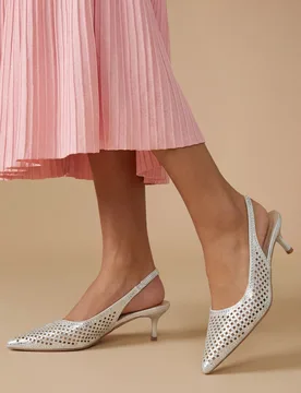 Womens Diana Sequin Slingback Kitten Heel Point Court Shoes - Silver - Size Uk 3 - OASIS - FashionsVida