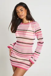 Womens Beach Crochet Stripe Knit Mini Dress - Pink Viscose - Size Small