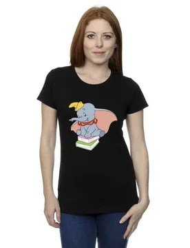 Women's Dumbo Sitting On Books Cotton T-Shirt in Black Size: Small - Black - Size: S - Disney - FashionsVida