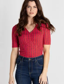 Women's Short Sleeve Shimmer Printed Viscose Top in Red Size: 18 - Red - Size: 18 - Enorsia - FashionsVida