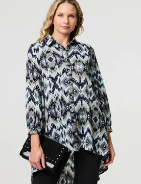 Women's Aztec Print High Low Long Sleeve Shirt in Black Size: 10 - Black - Size: 10 - Izabel London - FashionsVida