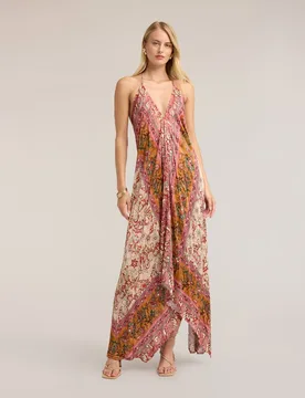 Vestido largo de satén con estampado longitud maxi con falda amplia y bajo asimétrico tipo pañuelo cinturón en la cintura con cordón a juego - Motivi - FashionsVida
