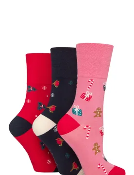Women's 3 Pair SOCKSHOP Bamboo Christmas Socks Mixed Pattern 4-8 - Assorted - Size: Small - Gentle Grip - FashionsVida
