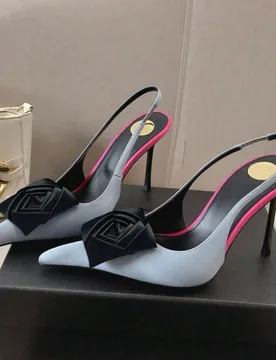 Sandalias de tacón alto de punta fina y tacón de aguja primaverales y elegantes para mujeres, con decoración floral sin espalda, sexy y elegante [N - Shein - FashionsVida