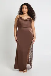 Womens Plus Satin Cowl Lace Insert Maxi Dress - Chocolate - Size 20 Uk