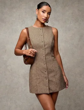 Vestido casual corto de lana a cuadros cómodo para mujer con cuello redondo, sin mangas y con botones delanteros, adecuado para la oficina, formal y - Shein - FashionsVida