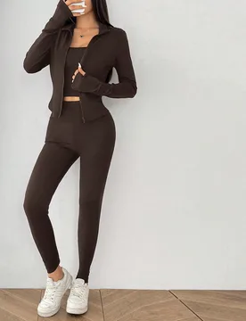 Set de 3 piezas de ropa deportiva de mujer tejida en marrón XXS - Shein - FashionsVida