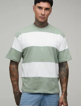 Herren Großes Übergroßes Farbblock-Streifen-Oberteil Sage Größe 2XL - boohooMAN - FashionsVida