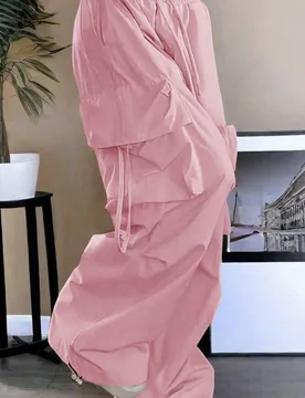 Pantalones cargo estilo calle Y2K rosa con bolsillos con solapa, cintura elástica con cordón, pernera ancha tipo paracaídas, casuales para uso diar - Shein - FashionsVida