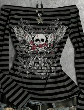 Nueva de gran , camiseta de manga larga con un hombro para mujer con estampado de calavera y alas a rayas en negro y gris, perfecta para el uso diario - Shein - FashionsVida