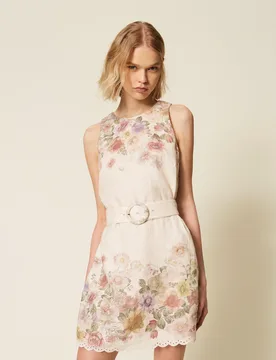 Robe courte en lin floral avec broderie - TWINSET - FashionsVida