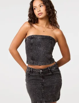 Women's Black Diamante Denim Bandeau Top Size: Medium - Black - Size: M - Pink Vanilla - FashionsVida