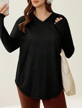Sudadera de yoga de manga larga con diseño de agujero para el pulgar, patrón de triángulo jacquard, para mujer talla grande, chándal, camiseta, ro - Shein - FashionsVida