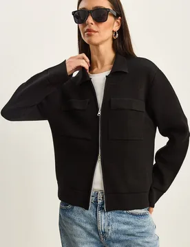 Womens Ribbed Knitwear Cardigan With Zipper And Pockets - Black - Size Small/medium - Bianco Lucci - FashionsVida