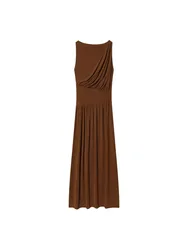Withered New Women's Pleated Decorative Side Fashion Belt Round Neck Sleeveless Long Dress