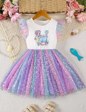 Vestido de malla con estilo de sirena para niñas, diseño lindo y elegante, adecuado para uso de niñas en fiestas en verano 4Y - Shein - FashionsVida