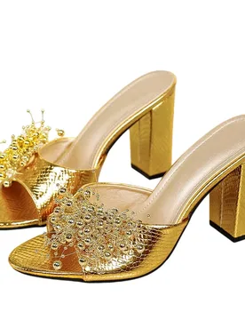 Women Gold Block Heel Slides Sandals Rhinestone Firework Decor Open Toe Slip On Party Wedding Guest Shoes - Aliexpress - FashionsVida