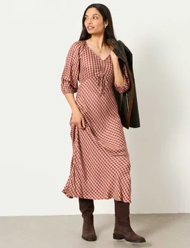 Checked V-Neck Tie Detail Maxi Waisted Dress Pink Mix female - Fatface - FashionsVida