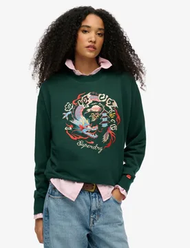 Superdry Damen Lässiges Suika Sweatshirt mit Rundhalsausschnitt und Stickerei Green - Größe: 38 - 69.99 - FashionsVida