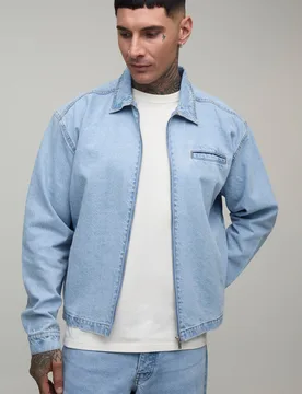 Mens Tall Basic Boxy Denim Harrington Jacket - Light Blue Cotton - Size Large - boohooMAN - FashionsVida
