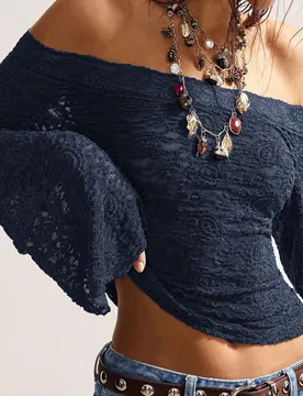 Top ajustado para mujer con mangas acampanadas, hombros descubiertos y encaje en color liso estilo bohemio vintage casual M - Shein - FashionsVida