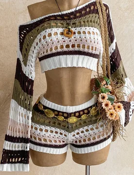 Conjunto de 2 piezas para mujer: top de manga larga asimétrico de hombro con rayas vintage de ganchillo + shorts mini de ganchillo con rayas vintage, - Shein - FashionsVida