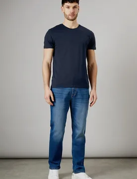 Mens Mid Wash Premium Stretch Straight Fit Jeans - Blue Cotton - Size 38 Regular - Maine - FashionsVida