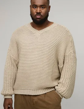 Herren Plus Chunky Knit Oversized V-Ausschnitt Pullover Ecru Größe 2XL - boohooMAN - FashionsVida