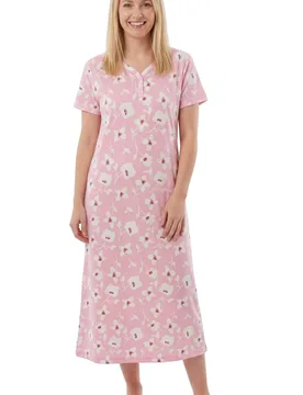 Women's 100% Cotton Classic Full Length Short Sleeved Nightdress in Light Pink Size: 14-16 - Light Pink - Size: 14-16 - Camille - FashionsVida