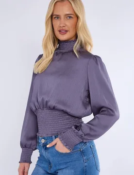 Women's Creased Satin Shirred Waist Cropped Top in Purple Size: Small - Purple - Size: S - LOVE SUNSHINE - FashionsVida