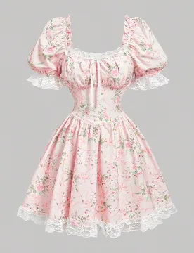 Vestido mini con mangas de pétalos con volantes de encaje floral rosa M - Shein - FashionsVida