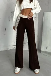 Womens Knitted Mid Rise Wide Leg Trousers - Dark Brown - Size Medium
