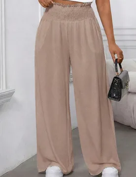 Pantalones casuales sueltos de gasa de unicolor para mujer talla grande, primavera/verano, con cintura elástica y bajo acampanado, adecuados para el - Shein - FashionsVida