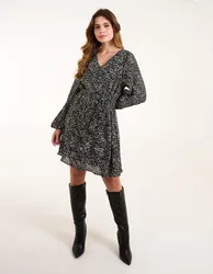 Pleated Mini Dress With Belt - S / Animal - female