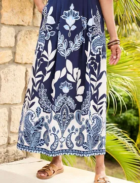 Women's Printed Pull On Maxi Skirt in Navy Size: 10 - Navy - Size: 10 - Cotton Traders - FashionsVida