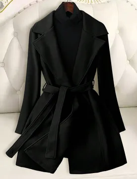 Abrigo largo casual de unicolor con cinturón para mujer, otoño/invierno, para mujeres de talla pequeña Petite L - Shein - FashionsVida