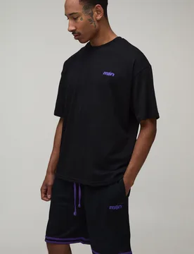 Mens Man Star Applique Oversized T-Shirt & Basketball Short Set - Black Cotton - Size Small - boohooMAN - FashionsVida