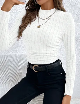 Camiseta de punto con cuello de pico, textura acanalada y fruncido XS - Shein - FashionsVida