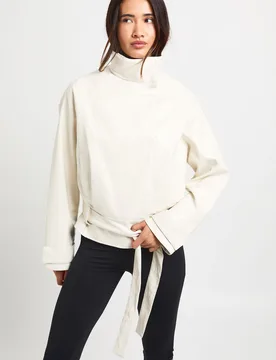 Womens Funnel Neck Belted Faux Leather Jacket - Cream - Size 16 Uk - Boohoo - FashionsVida